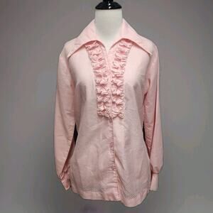 Vintage 70s Pink Ruffle Front Shirt Pointed Collar Size Small Women’s